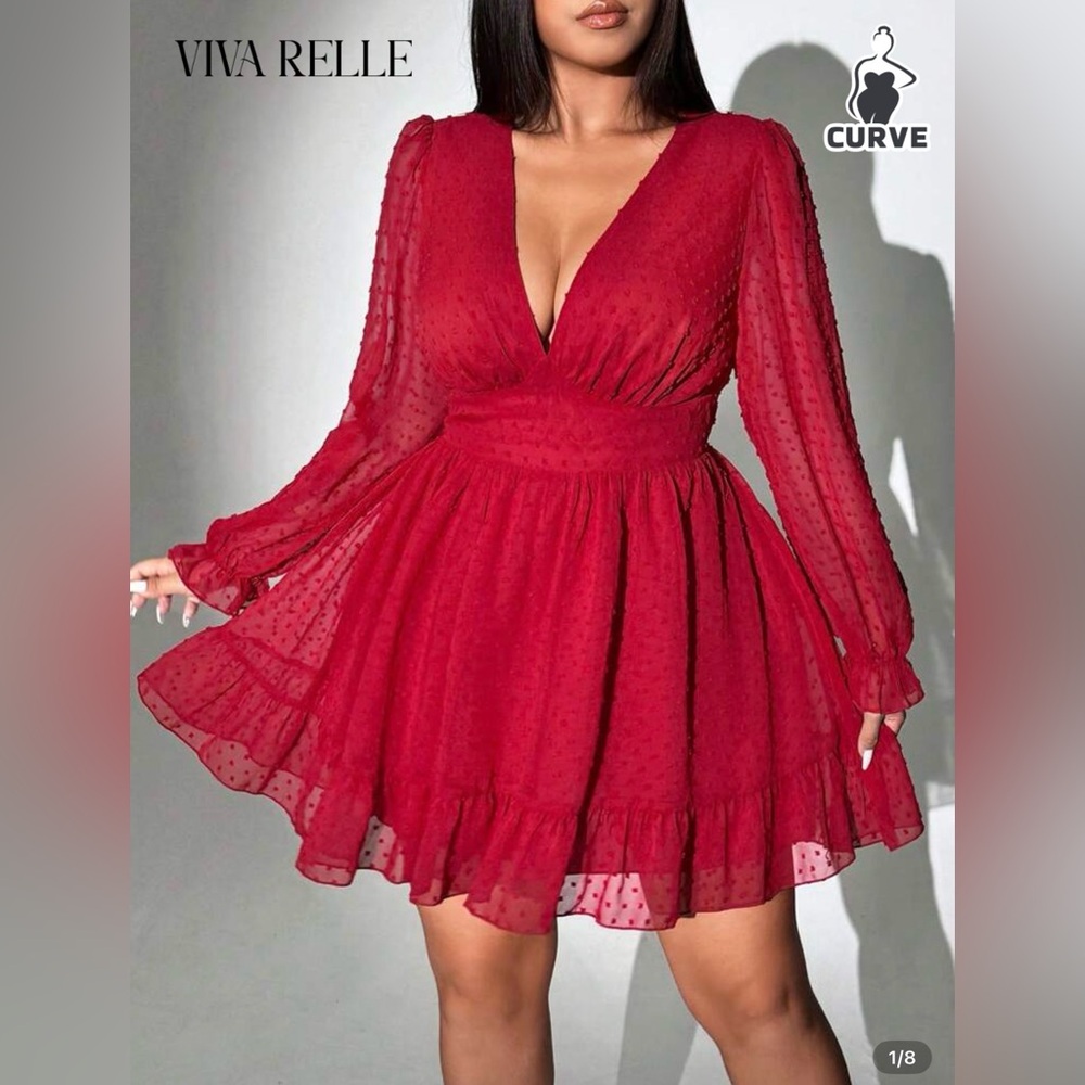 SHEIN Viva Relle Plus Size Ruffle Deep V-Neck Waist-Cinching Long Sleeve -SZ 4XL